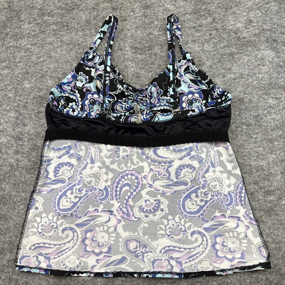 Lands End Tankini women's 14D black floral paisley tropical Hawaiian beach pool